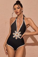 Black Hollow Out Backless Deep V Neck One Piece Swimsuit - Image 4