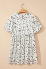 Beige Floral Puff Short Sleeve Empire Waist Mini Dress - Image 8