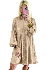 Apricot Metallic Sheen Puff Sleeve Button Up Mini Shirt Dress - Image 10