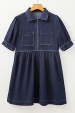 Dirty Blue Puff Sleeve Half Zipper Denim Flowy Dress - Image 10