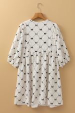 White Sweet Bow Print Lantern Sleeve Mini Dress - Image 10