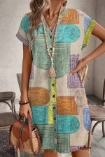 Multicolour Boho Geometric Print Button Up Mini Dress