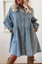 Beau Blue Smocked Cuffs Flared Denim Shirt Mini Dress