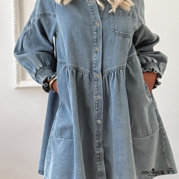 Beau Blue Smocked Cuffs Flared Denim Shirt Mini Dress