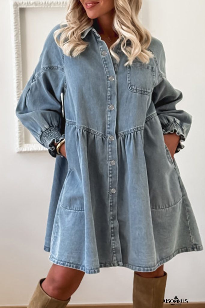 Beau Blue Smocked Cuffs Flared Denim Shirt Mini Dress