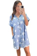 Sky Blue Star Print Frayed Hem Buttoned Denim Mini Dress - Image 14