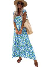 Blue Floral Print Square Neck Ruffled Strap Maxi Dress - Image 18