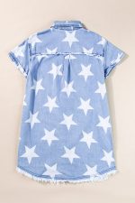 Sky Blue Star Print Frayed Hem Buttoned Denim Mini Dress - Image 6
