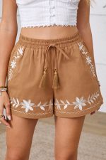 Khaki Embroidered Tassel Tie Elastic Waist Shorts - Image 5