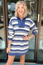 Blue Striped Zipper Collar Long Sleeve Mini Dress - Image 4