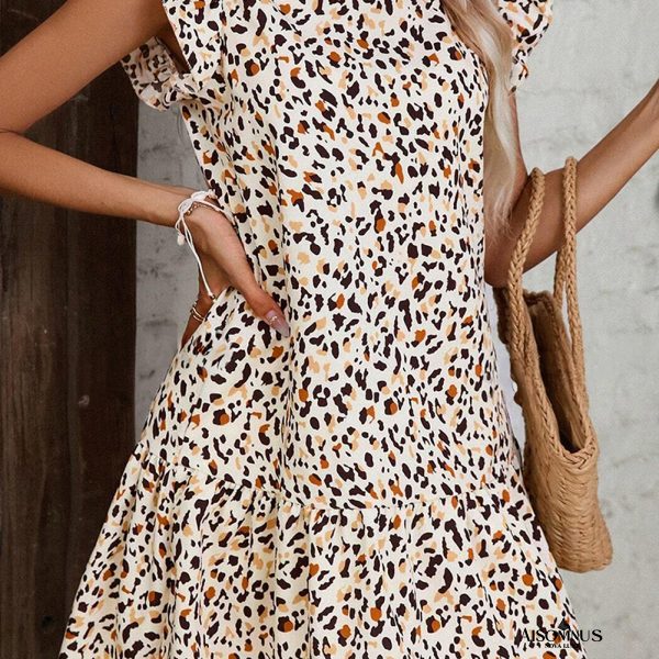 Khaki Leopard Ruffle Flutter Sleeve Keyhole Back Mini Dress