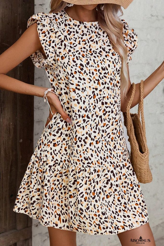Khaki Leopard Ruffle Flutter Sleeve Keyhole Back Mini Dress
