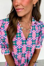 Pink Geometric Print V-Neck Ricrac Trim Mini Dress - Image 6