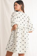 White Sweet Bow Print Lantern Sleeve Mini Dress - Image 2