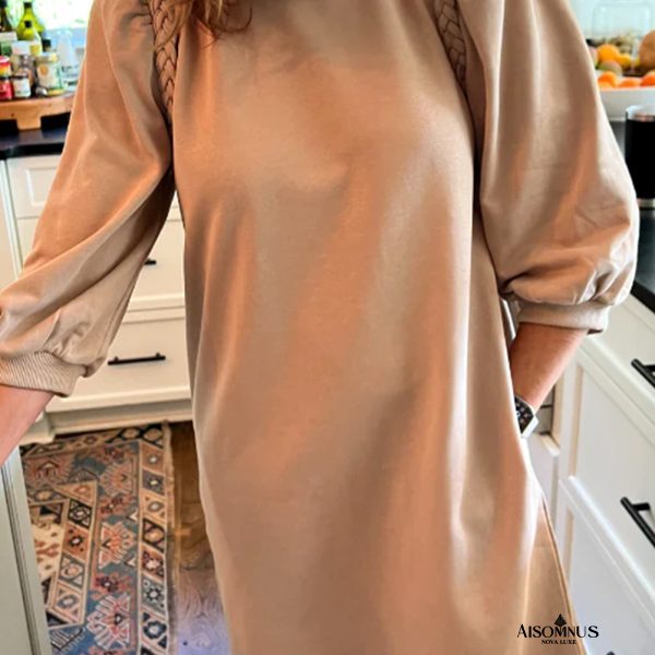 Light French Beige Twist Braided Embellished Puff Sleeve Dress