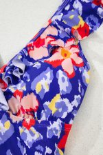Blue Floral Ruffle Trim V Neck Backless One Piece Swimsuit - Image 16