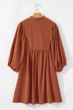Gold Flame Light Snap Button Empire Waist Lantern Sleeve Corduroy Dress - Image 8