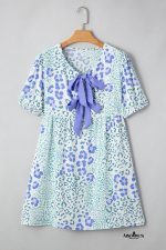 Sky Blue Leopard Bow Front Puff Sleeve Mini Dress - Image 3
