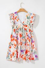Pink Floral Ruffle Sleeve V Neck High Waist Mini Dress - Image 8