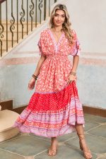 Red Boho Floral Tassel Tie Sleeve Maxi Dress - Image 5