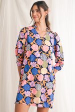 Navy Blue Hydrangea Floral V Neck Puff Sleeve Dress - Image 4