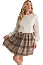 Beige Plaid Patchwork High Waist Sweatshirt Mini Dress - Image 9