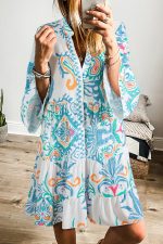 Sky Blue Ethnic Print Boho Tiered Mini Dress