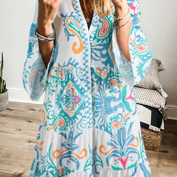 Sky Blue Ethnic Print Boho Tiered Mini Dress