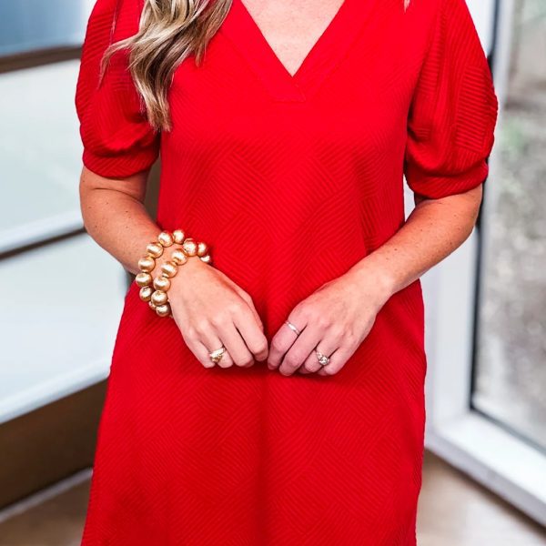 Fiery Red V Neck Puff Sleeve Textured Mini Dress