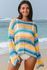 Beau Blue Striped Hollow Knit Summer Beach Cover Up - Image 3