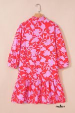 Red Floral 3/4 Sleeve Ruffle Hem Mini Dress - Image 3