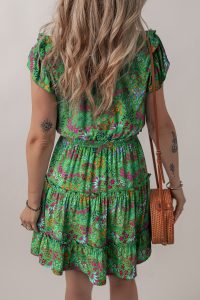Green Floral Tie Neck Ruffle Sleeve Tiered Mini Dress - Image 2