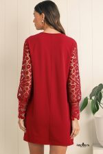 Burgundy Pleated Lace Sleeve Shift Mini Dress - Image 2