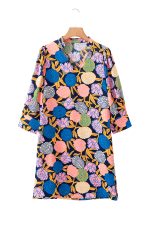 Navy Blue Hydrangea Floral V Neck Puff Sleeve Dress - Image 17