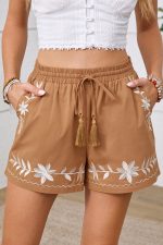 Khaki Embroidered Tassel Tie Elastic Waist Shorts