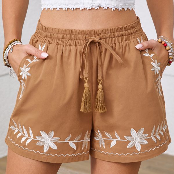Khaki Embroidered Tassel Tie Elastic Waist Shorts