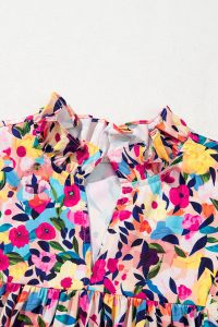 Pink Floral Puff Short Sleeve V Neck Mini Dress - Image 9