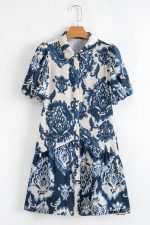 Blue Boho Floral Print Buttoned Collared Loose Fit Mini Dress - Image 6