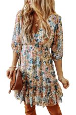 Sky Blue Floral 3/4 Sleeve V Neck High Waist Ruffled Dress - Image 6