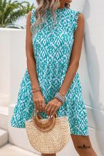Sky Blue Boho Frill Stand Neck Sleeveless Mini Dress - Image 3