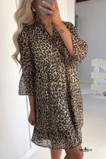 Khaki Leopard 3/4 Sleeve V Neck Swing Dress - Image 2