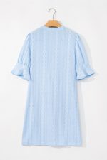 Beau Blue Split V-Neck Jacquard Eyelet Mini Dress - Image 7