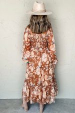 Brown Floral Print Shirred Square Neck High Waist Maxi Dress - Image 2