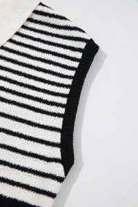 Black Mixed Striped Print Half Placket Collared Cap Sleeve Bodycon Sweater Dress - Image 10
