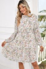 Green Floral Print Tiered Frilled Shirred Mock Neck Mini Dress - Image 6