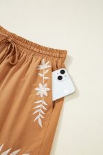 Khaki Embroidered Tassel Tie Elastic Waist Shorts - Image 13