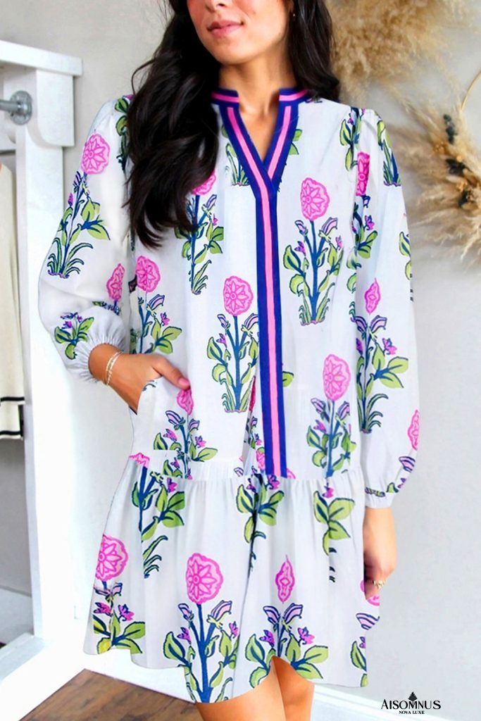 White Floral Print Pop of Color V Neck Mini Dress