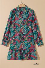 Green Floral Frill V Neck Puff Sleeve Ruffle Mini Dress - Image 8