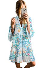 Sky Blue Ethnic Print Boho Tiered Mini Dress - Image 5