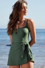 Mist Green Side Tied Adjustable Straps A Line One Piece Swim Dress - Image 4